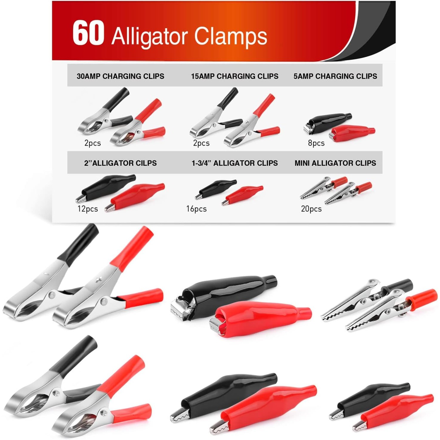 Diy Electronics Project Kit - Nilight 60-delige alligatorclip assortimentset, metalen batterijklemmen,