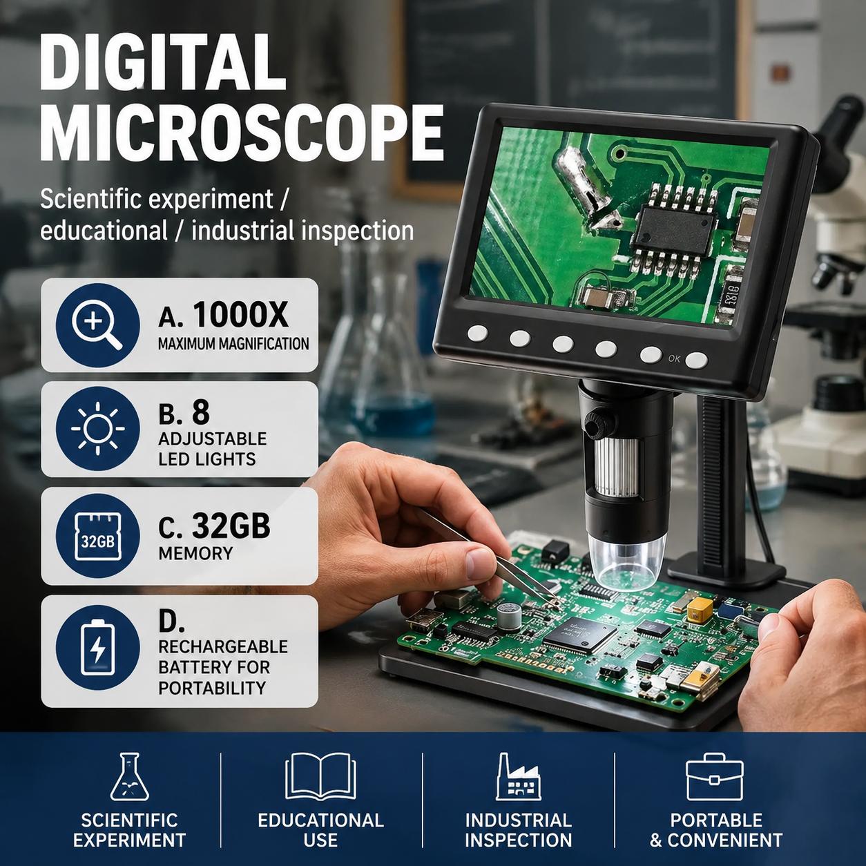 Diy Microscope For Electronics Repair - Inspectiemicroscoop 1000x vergroting met 8 LED-verlichting